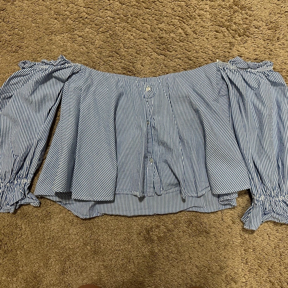 Zara Blue and White Striped Off-Shoulder Blouse A-109